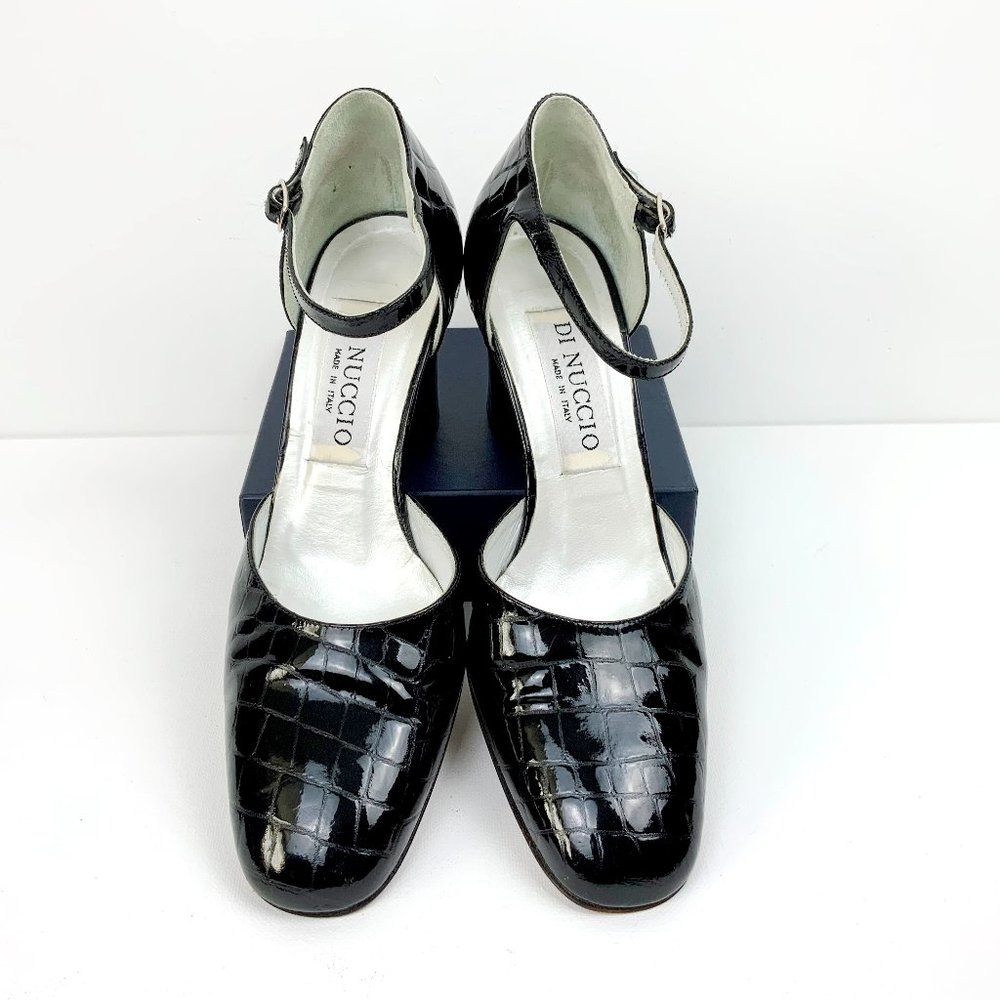 DI NUCCIO  Black Patent Leather Mary Jane Hills Ankle Strap Sz 36.5 - 6
